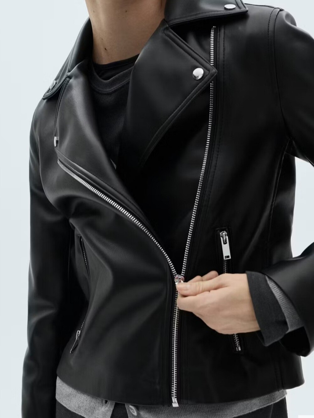 Mango Black Faux Leather Moto Jacket with Silver Hardware